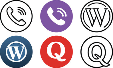 Vector art of a set of app icons with phone, wordpress, and letter q symbols isolated on transparent background