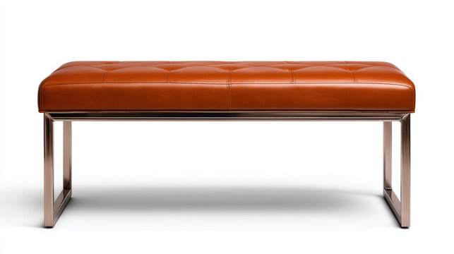 A modern, brown leather bench with sleek metal legs, featuring tufted upholstery and a minimalist design on a white background.