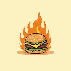 Burger on Fire A Deliciously Hot Cartoon Food Illustration