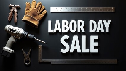 Labor day sale event with tools like a cordless drill work gloves rulers and clamps on a dark background advertising a special promotion