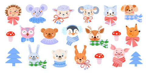 Obraz premium Set of heads cute forest, domestic animals: hedgehog, mouse, sheep, lamb, ram, cat, dog, owl, penguin, deer, fawn, fox, rabbit, bunny, hare, polar bear, squirrel, pig. Cute baby vector illustration.