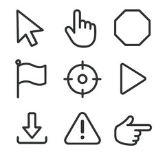 Line Style Command Icons. Line style icons of Command Headlines: arrow pointer, hand cursor, stop sign, flag, trigger icon, play