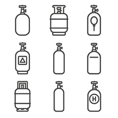 Gas Cylinder Icons. Line style icons of Gas Cylinder Types: oxygen cylinder, propane cylinder, helium cylinder, carbon dioxide