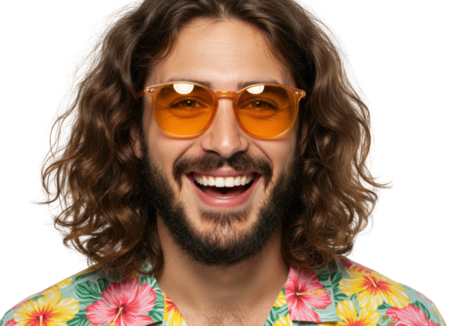 Isolated Smiling Man with Long Hair and Orange Sunglasses