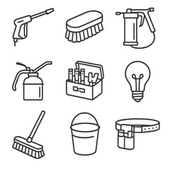Station Maintenance Icons. Line style icons of Station Maintenance Equipment: pressure washer gun, cleaning brush, grease gun,