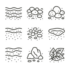 Substrate Type Icons. Line style icons of Substrate Types: sand layer, gravel bed, cobble cluster, silt patch, pebbles group, clay