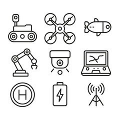 Unmanned Systems Icons. Outline style icons of Unmanned Systems: ground UGV robot, aerial drone quadcopter, underwater UUV,