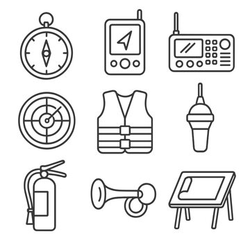 Navigation Safety Icons. Outline style icons of Navigation & Safety Equipment: compass, GPS unit, VHF radio, radar screen, life