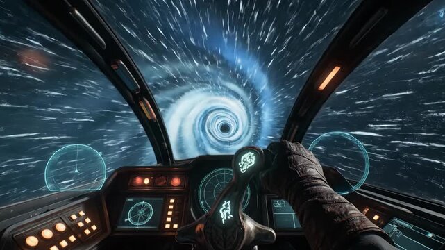 spaceship hyperspace jump through a wormhole. Sci-Fi animation. First-person view from a spaceship cockpit making a hyperspace jump through a wormhole. 