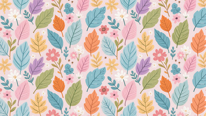Obraz premium Colorful floral pattern with leaves and flowers on light background 