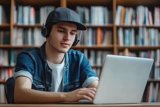 Young man studying at a library using a laptop while wearing headphones