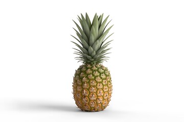 Fototapeta premium A whole ripe pineapple with spiky green leaves stands against a white background