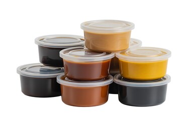 Assortment of colorful sauces and dips in clear plastic containers stacked together