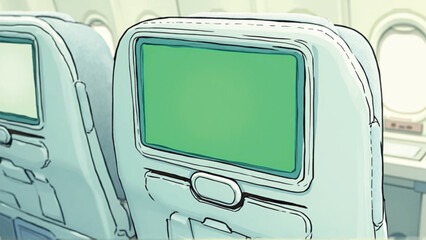 Airplane interior showcases seats with entertainment screens ready for content, suitable for travel or transportation themes.