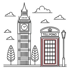 Big Ben and red telephone box line art london iconic
