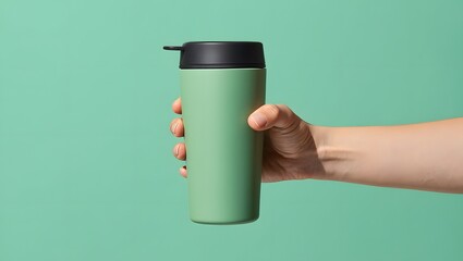 Hand holding green stainless steel tumbler water bottle for hot and cold drinks travel