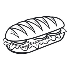 Black and white line art illustration of a sub sandwich