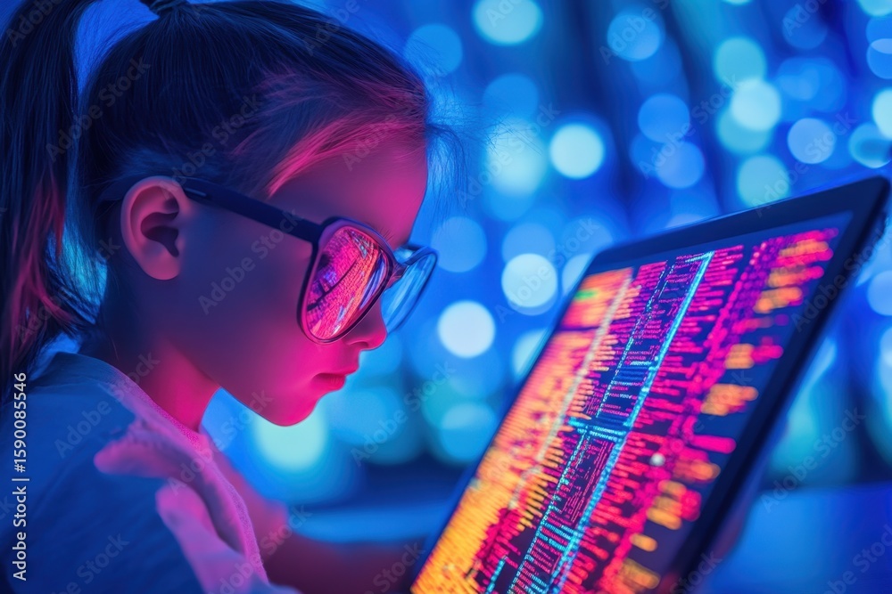 Poster child using a tablet while coding in a vibrant and colorful digital setting at night