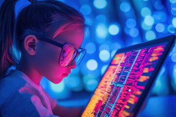 Child using a tablet while coding in a vibrant and colorful digital setting at night