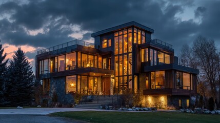 Obraz premium Modern Multilevel House at Dusk