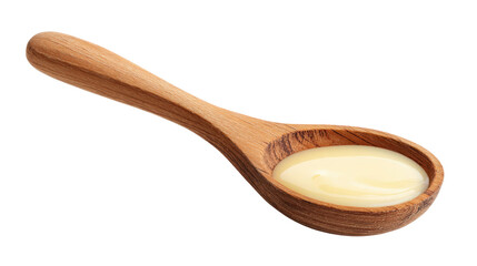 Wooden Spoon with Creamy Liquid A Culinary Tool Holding Smooth Sauce on Transparent View