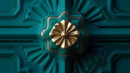 Vintage door with golden flower knob antique design and turquoise wooden background