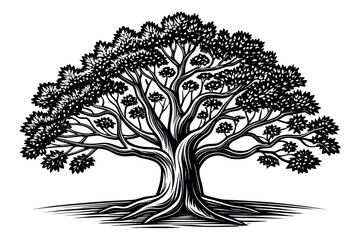 Black and white woodcut illustration of a large tree