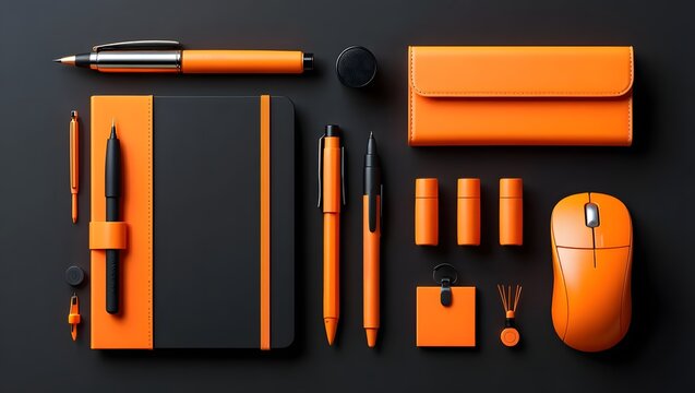 Orange and black stationery set office supplies notebook pen mouse business branding kit