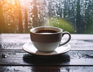 Fototapeta premium steaming coffee cup on wooden table near rainy window, moody flatlay with soft natural light and introspective cozy morning atmosphere