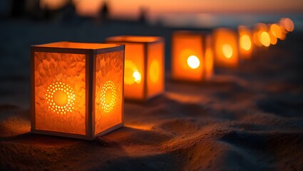Beach lanterns decorations ideas for wedding party at sunset with romantic atmosphere