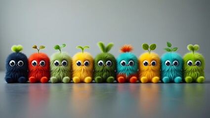 Cute colorful fluffy monsters with big eyes and sprouts adorable kawaii plush toys art