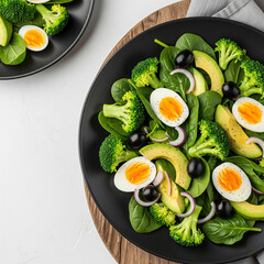 Top-down shot of vibrant avocado salad with broccoli florets, spinach leaves, olives and halved boiled eggs on matte black plate over rustic wood copy