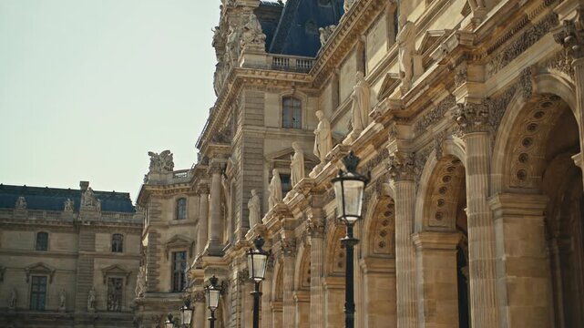 Cityscape of Paris, Louvre Museum in France. Beautiful historical architecture of Europe, tourist points and places, travel.