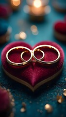 Wedding rings on velvet heart shaped pillow romantic engagement proposal celebration