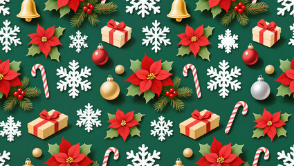 Christmas pattern with gifts, snowflakes, and decorations on green background  