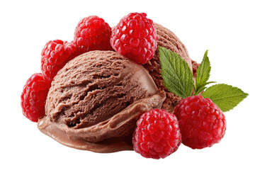 Chocolate Ice Cream Scoops with Raspberries Isolated on Transparent Background for Dessert