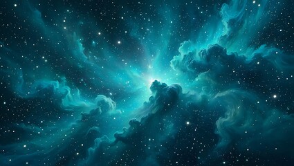 Fototapeta premium Celestial Symphony: A Vibrant Nebula Painting with a Luminous Core,Teal Galaxy Art: Cosmic Clouds Awash in Teal and Starlight, A Dreamy Escape