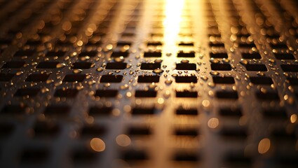Abstract metal grid with water droplets and bokeh lights for background textures