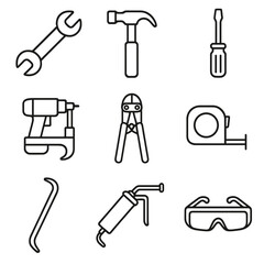 Fototapeta premium Trackside Tool Icons. Outline style icons of trackside facility tools: wrench, hammer, screwdriver, rail drill, bolt cutter,