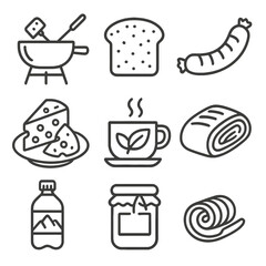 Alpine Culinary Icons. Line style icons of Alpine Culinary Traditions: fondue pot, rye bread slice, bratwurst sausage, cheese