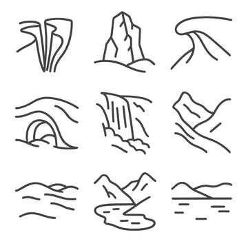 Glacial Icons. Line style icons of Glacial Landscapes: ice crevasse, serac tower, snow cornice, moraine ridge, glacier cave,