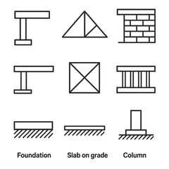 Structural Elements Icons. Outline style icons of Structural Elements: beam and post, truss outline, load-bearing wall, cantilever
