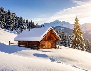 Wooden chalet in snowy mountains