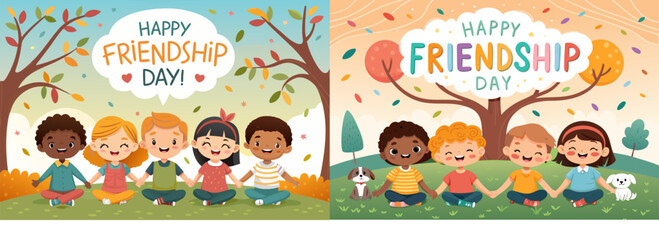 Happy Friendship Day Cartoon Kids Sitting in Park Smiling with Autumn Trees, Sunshine, and Happy Nature Scene for Childhood Celebration Illustration. Happy Friendship Day Children Holding Hands in Aut