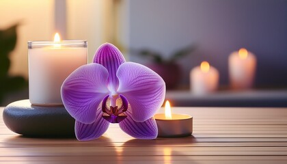 a single purple orchid blooms in a minimalist spa sanctuary amidst soft candle flicker soothing colors ambiance candle