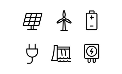 Renewable energy icons: solar, wind, battery, plug, hydro, electric