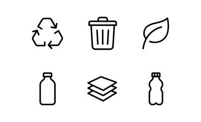 Eco-friendly icons set featuring recycling symbols and sustainable objects in linear design