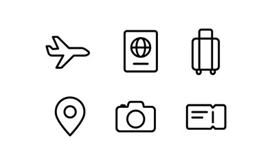 Minimalist travel icons: airplane, passport, luggage, and camera