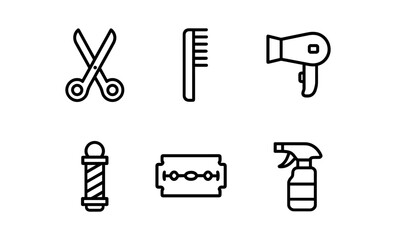 Barber tools icons set: scissors, comb, hairdryer, and razor blade in minimalist design