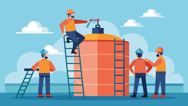 A team of workers climb a ladder to access the top of a fracking tank checking valves and levels to ensure the equipment is in working order before. Vector illustration